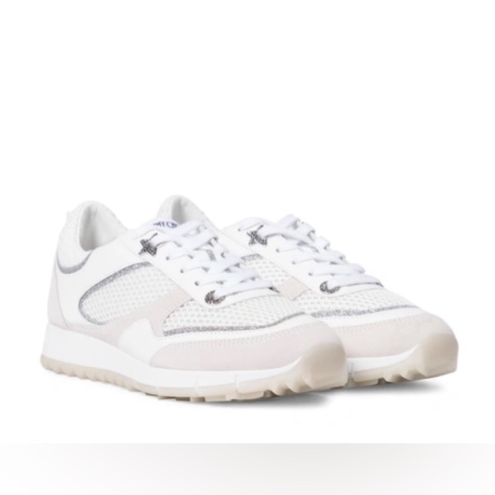 Jimmy Choo Women’s Java Mixed Leather White & Glitter Walking Sneaker 39